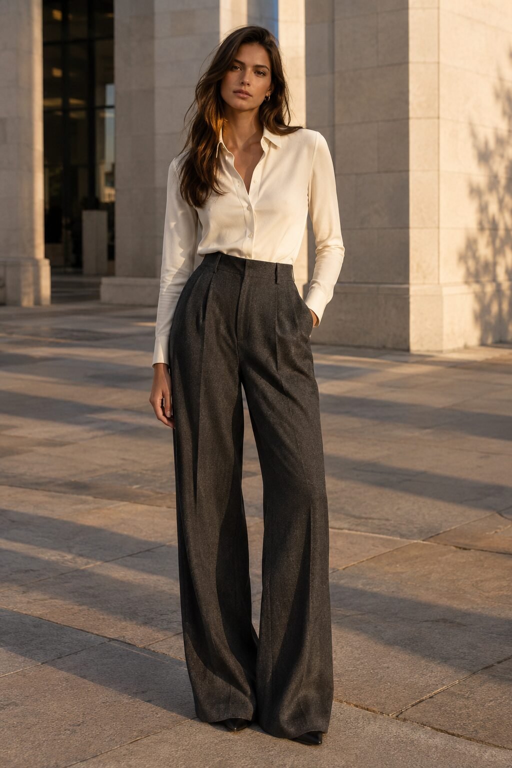 high-waisted wide-leg trousers fit, full length