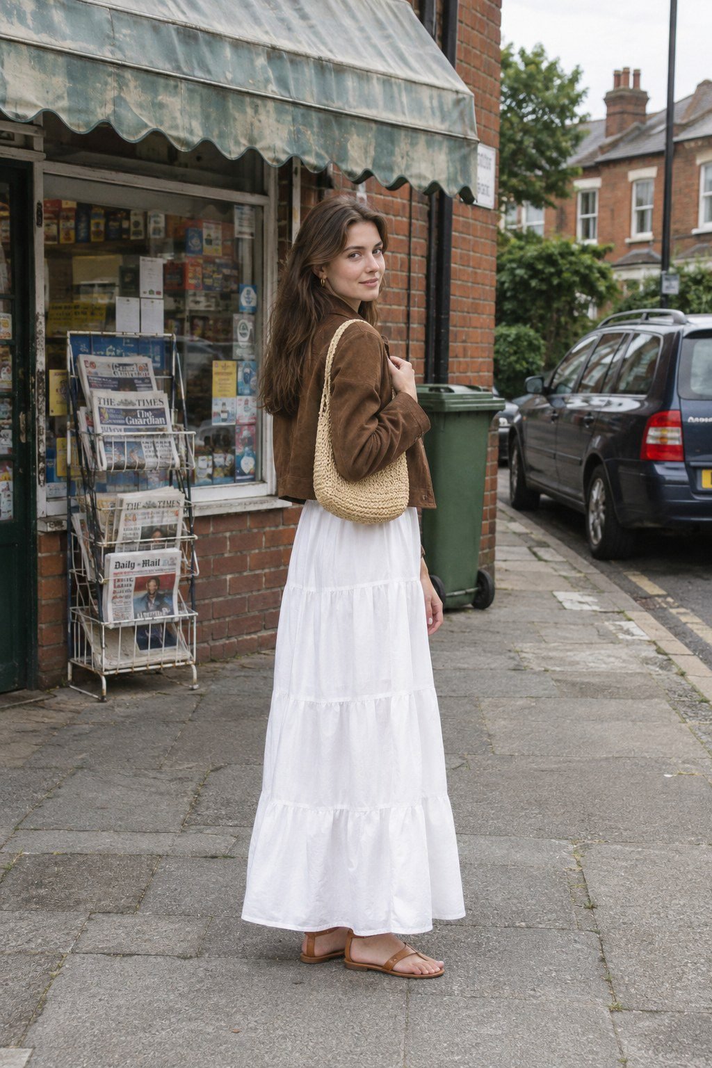 old money dress outfit: white tiered cotton poplin maxi dress with a tan suede cropped jacket and a raffia shoulder bag