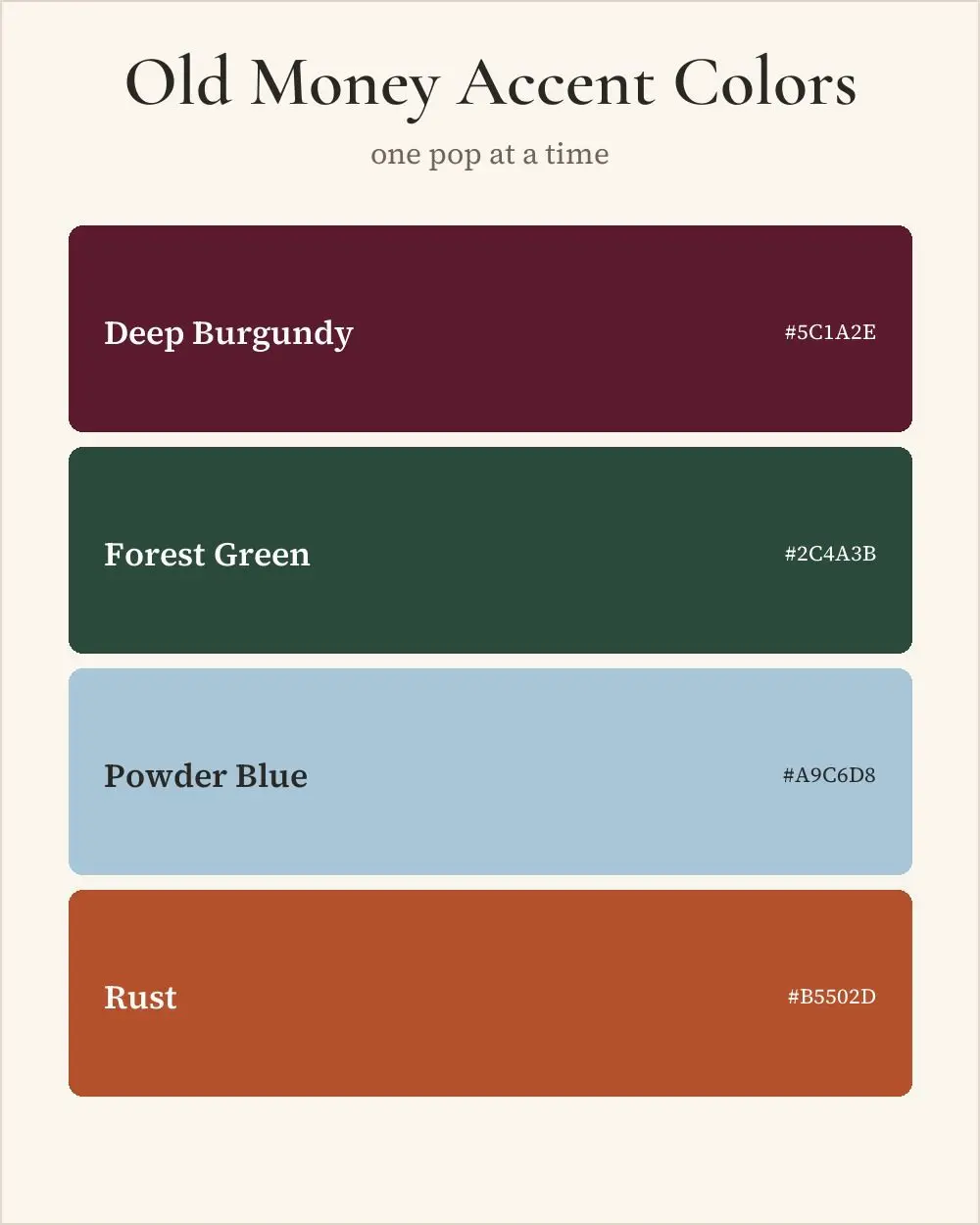 old money color palette accent colors swatch chart with hex codes