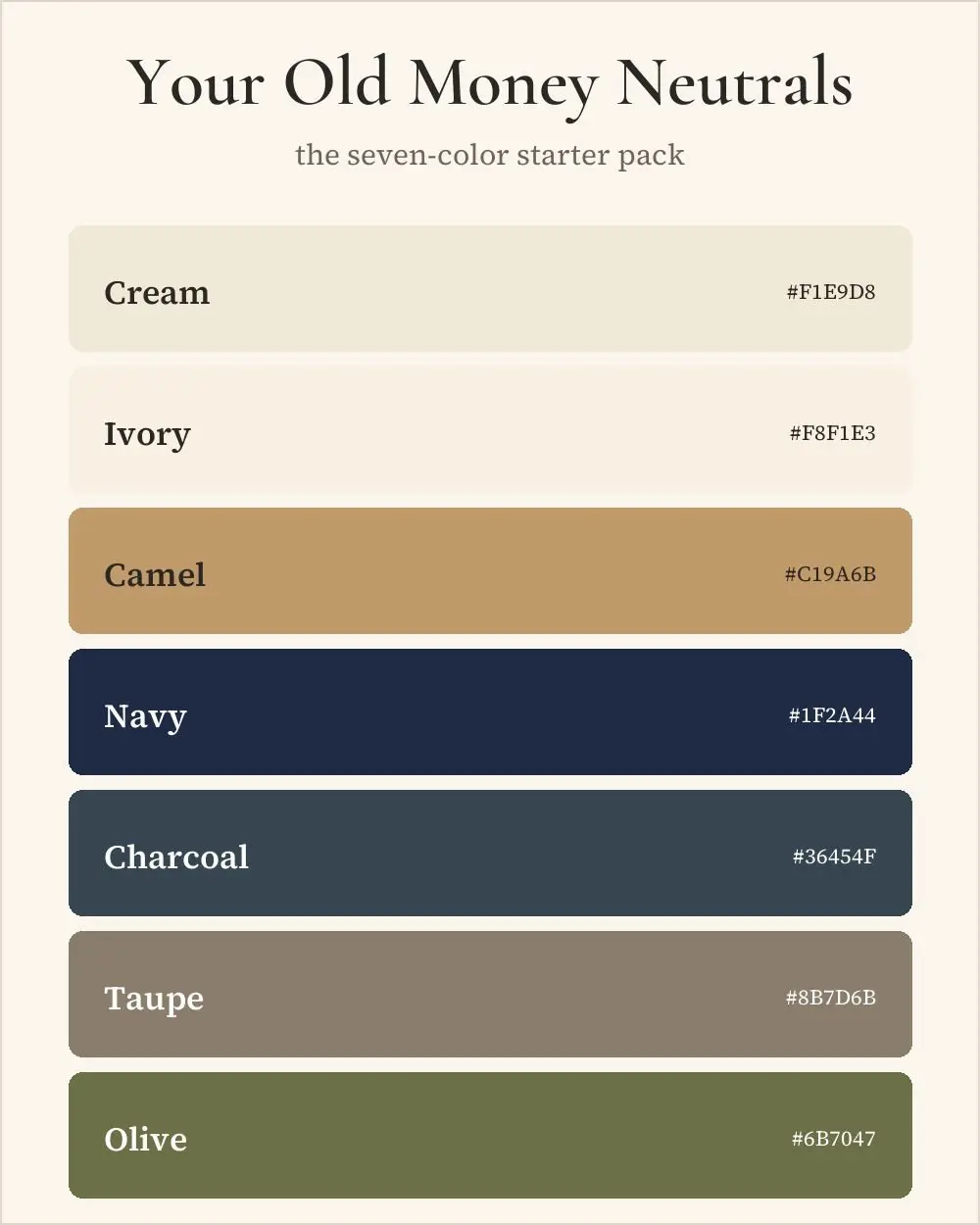 old money color palette neutrals swatch chart with hex codes