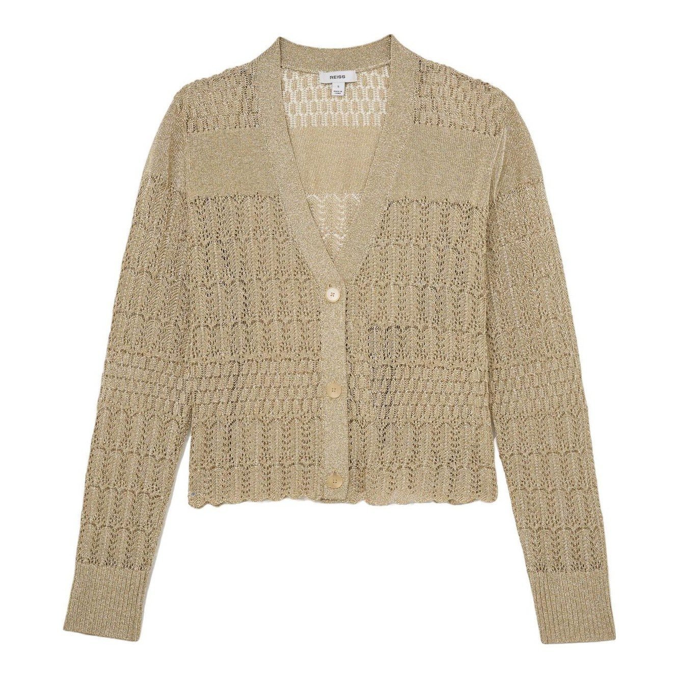 Suzanne Metallic Pointelle-Knit Cardigan (Gold)