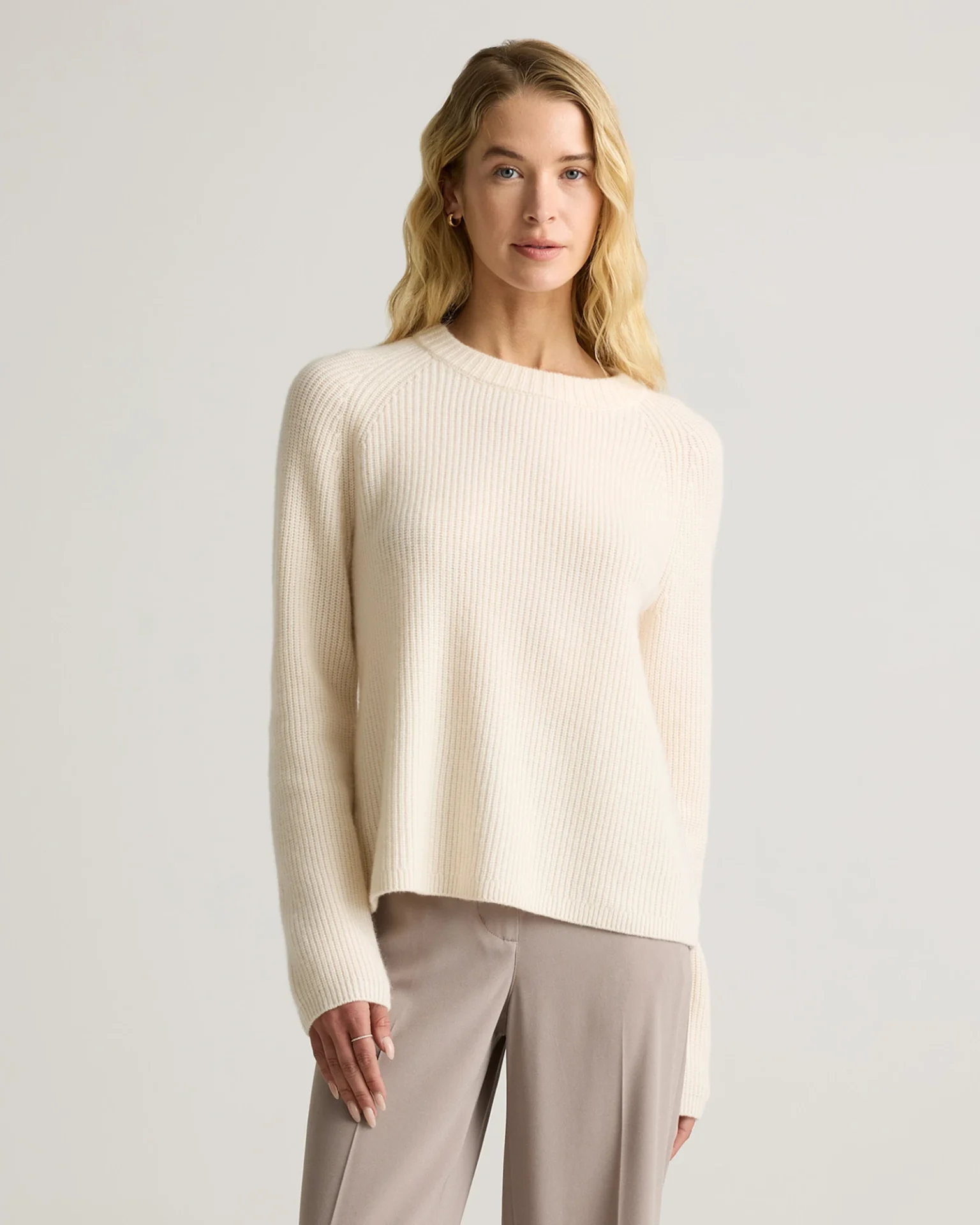 Mongolian Cashmere Fisherman Crewneck Sweater (Ivory)
