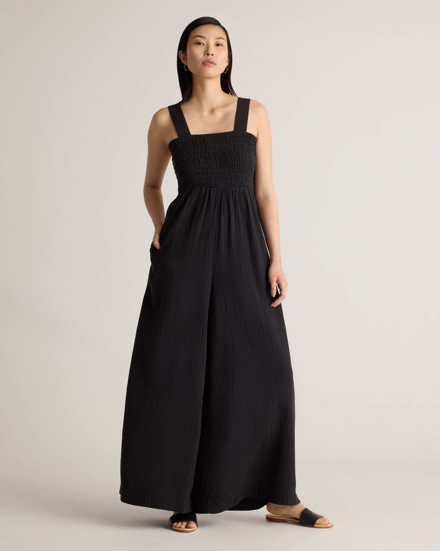 100% Organic Cotton Gauze Smocked Wide Leg Jumpsuit (Black)