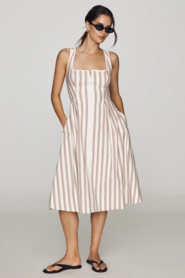 The Arlette Square-Neck Piped Midi Dress (Neutral Pattern)