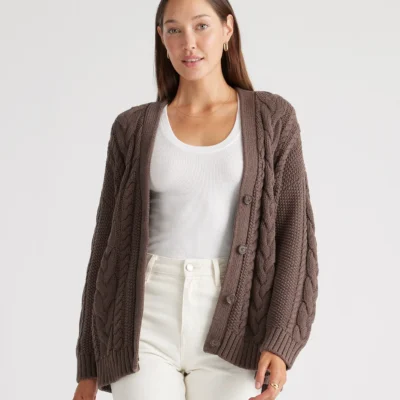 100% Organic Cotton Oversized Cable Cardigan (Heather Brown)