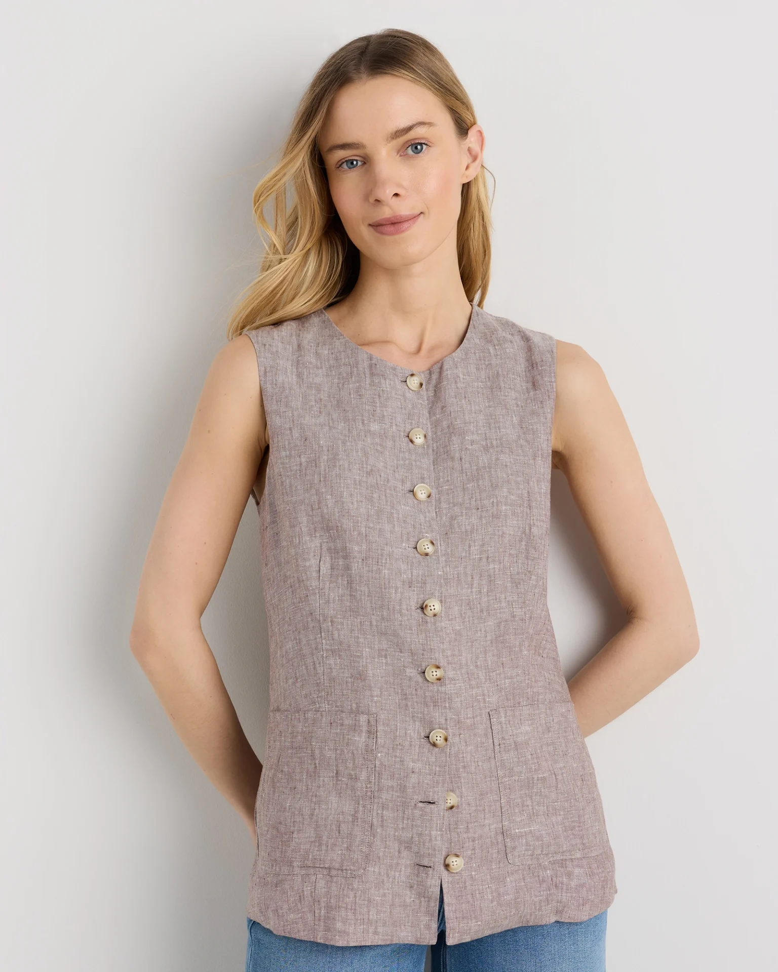 100% European Linen Longline Vest (Taupe Brown Chambray)