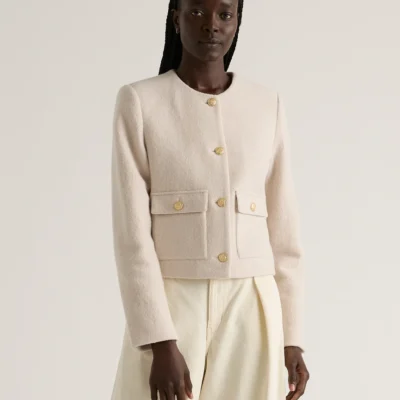 Double Button Tweed Cropped Jacket (Cream Houndstooth)