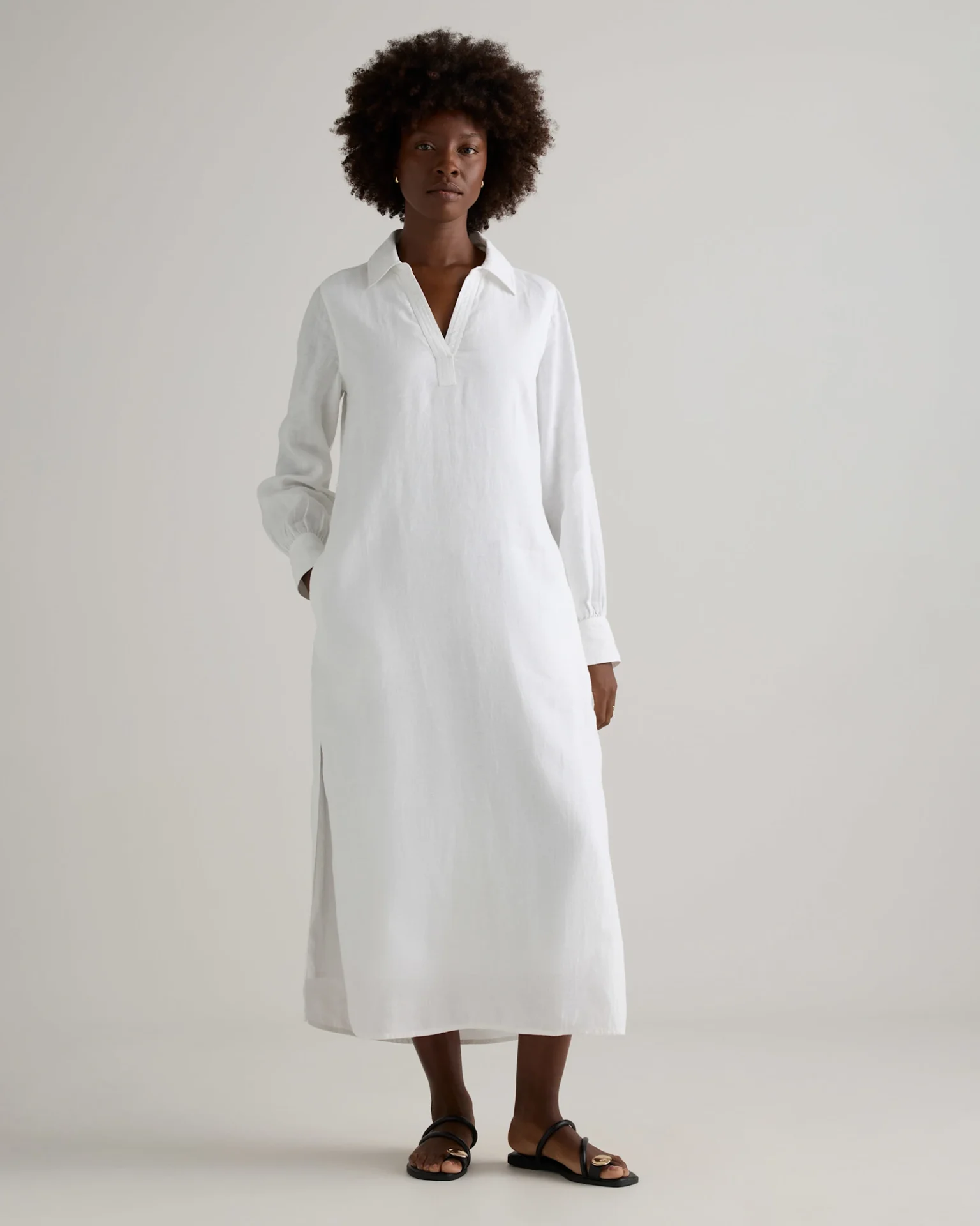 100% European Linen Popover Maxi Dress (White)