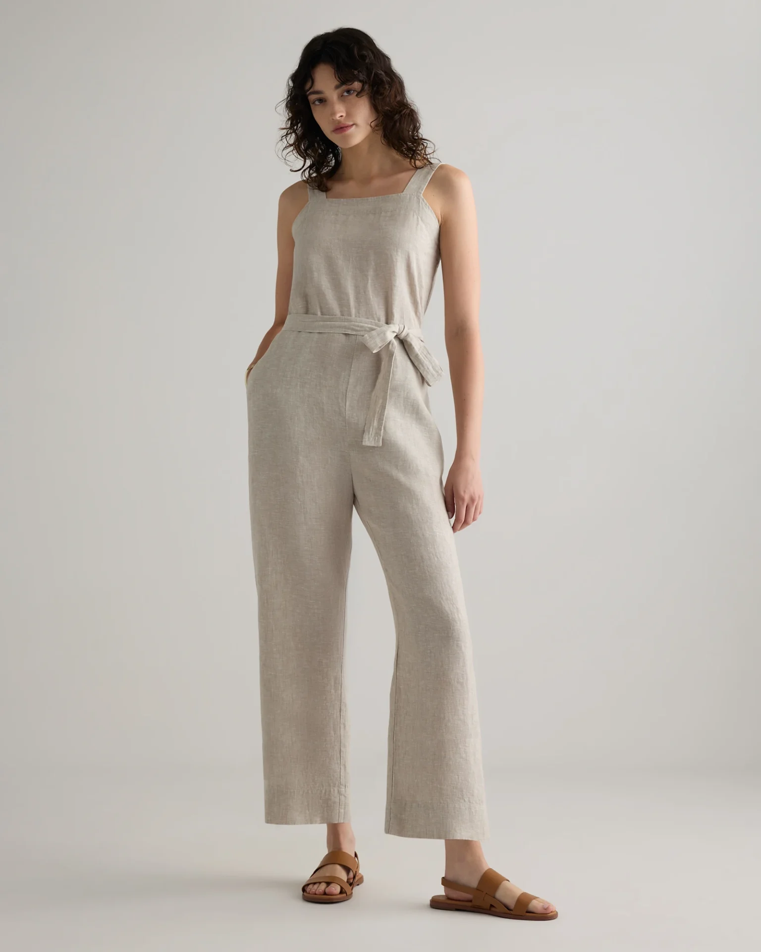 100% European Linen Square Neck Jumpsuit (Flax)