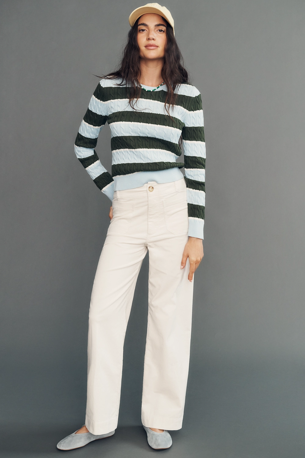 Colette Corduroy High-Rise Wide-Leg Full-Length Pants (Cream)