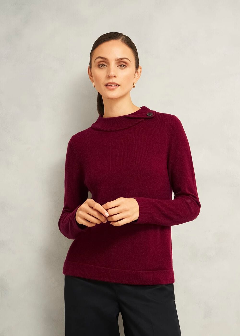 Burgundy Talia Cashmere Blend Button Neck Sweater