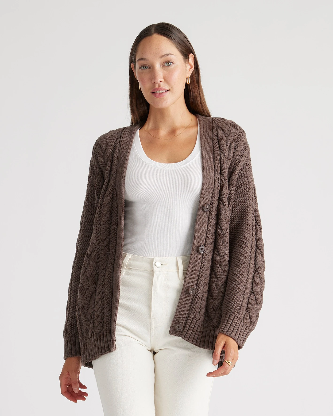 100% Organic Cotton Oversized Cable Cardigan (Heather Brown)