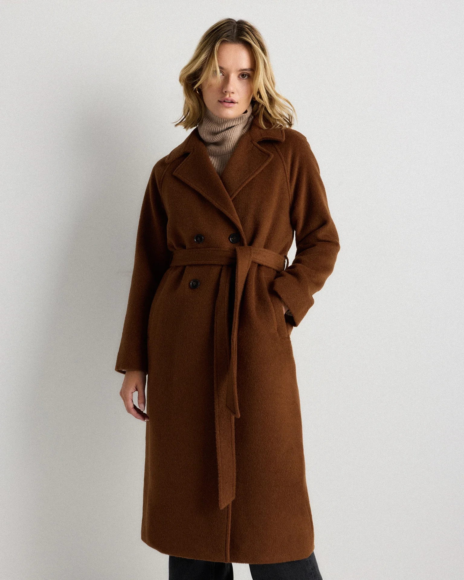 Camel Hair Double-Breasted Long Wrap Coat (Vicuna)