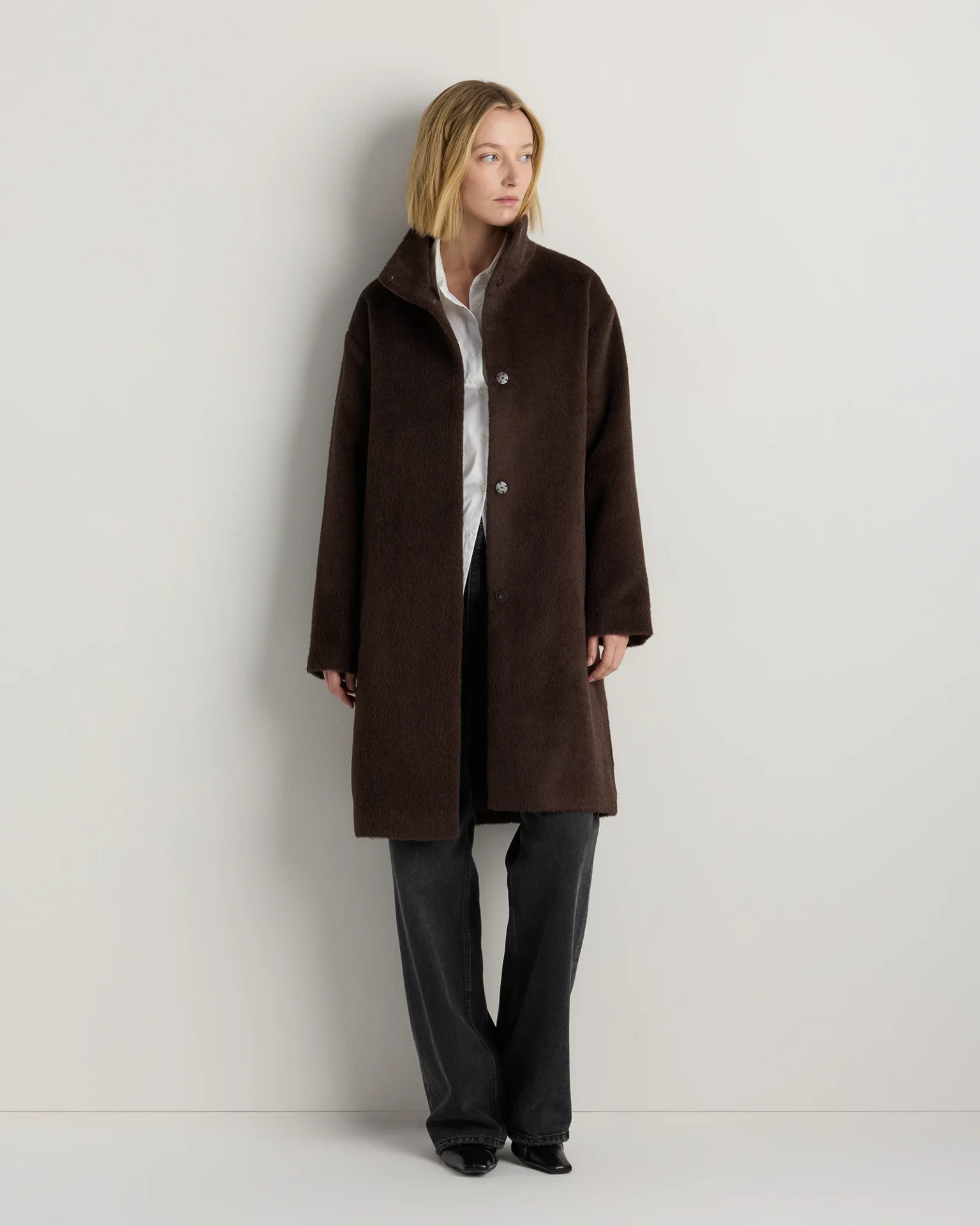 Alpaca-Wool Stand Collar Coat (Coffee Bean Brown)
