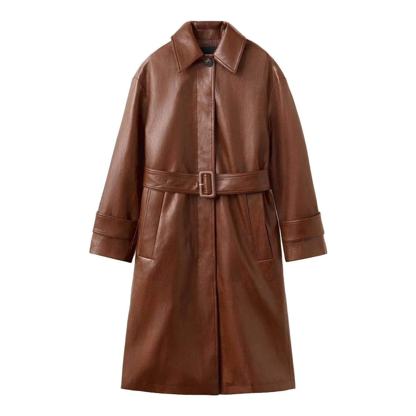 Long Faux-Leather Trench Coat with Belt (Brown)