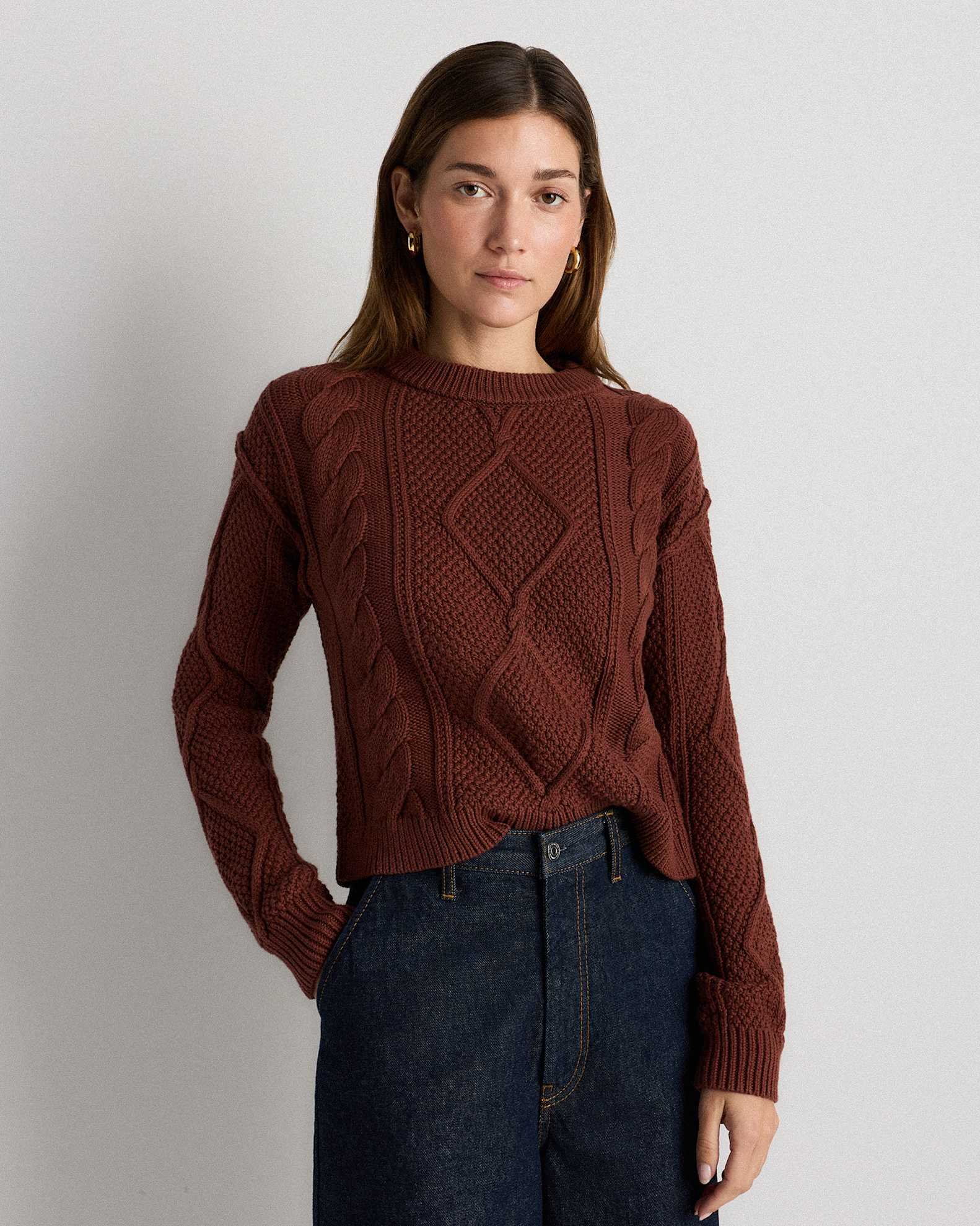 100% Organic Cotton Cropped Cable Crew Sweater (Redwood Brown)