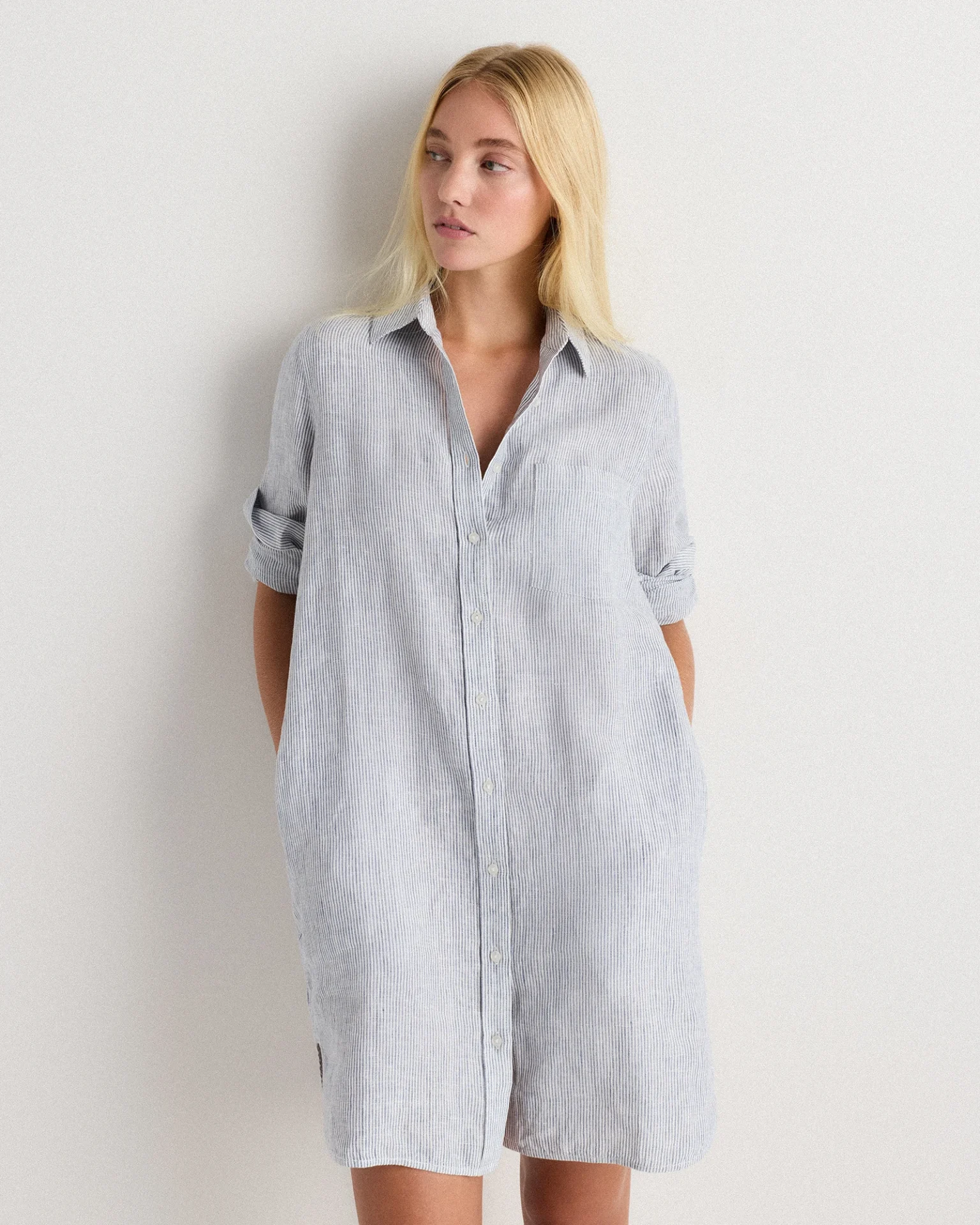 100% European Linen Shirt Dress (Blue Pinstripe)