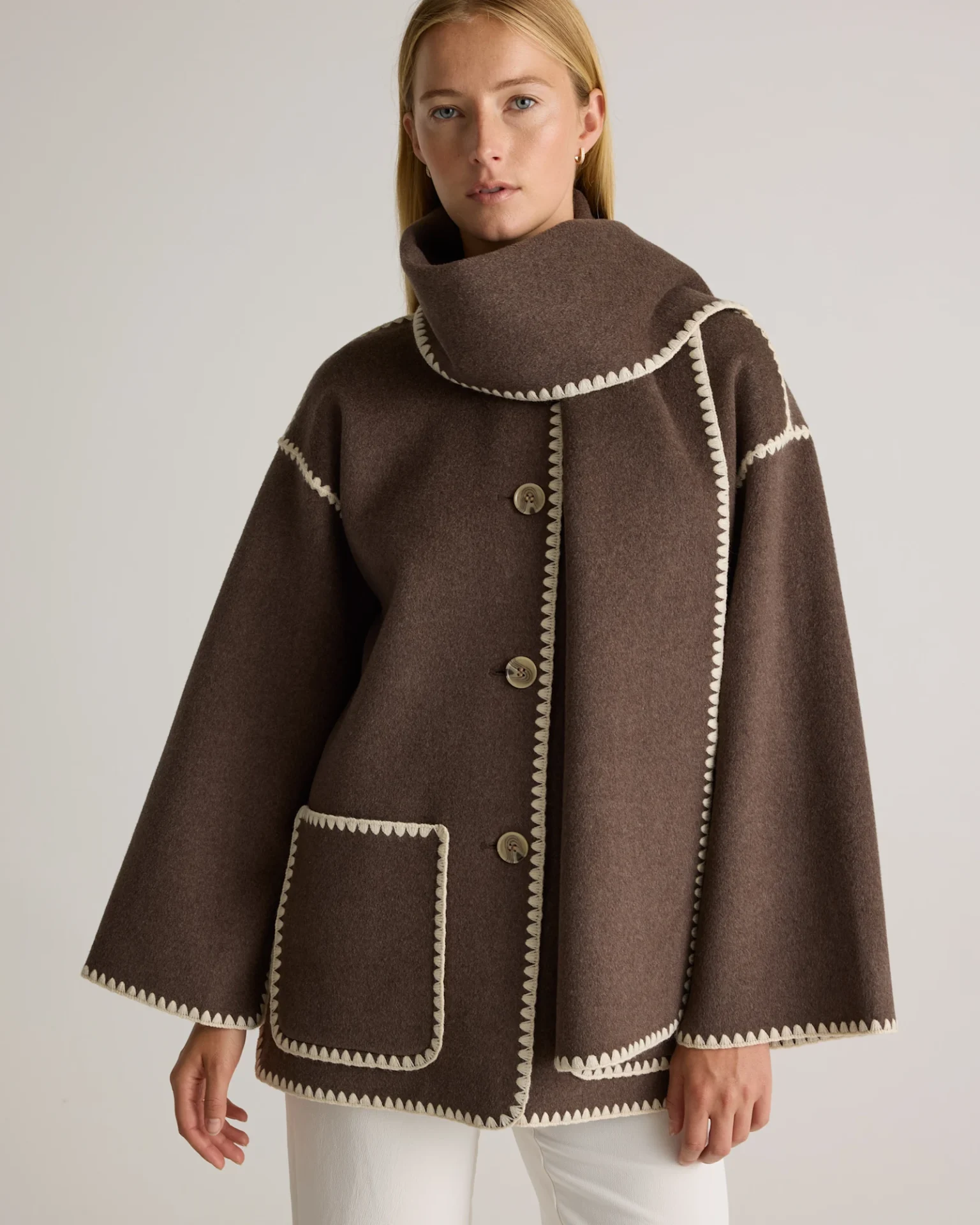 Double-Faced Merino Wool Scarf Coat (Cocoa Melange)