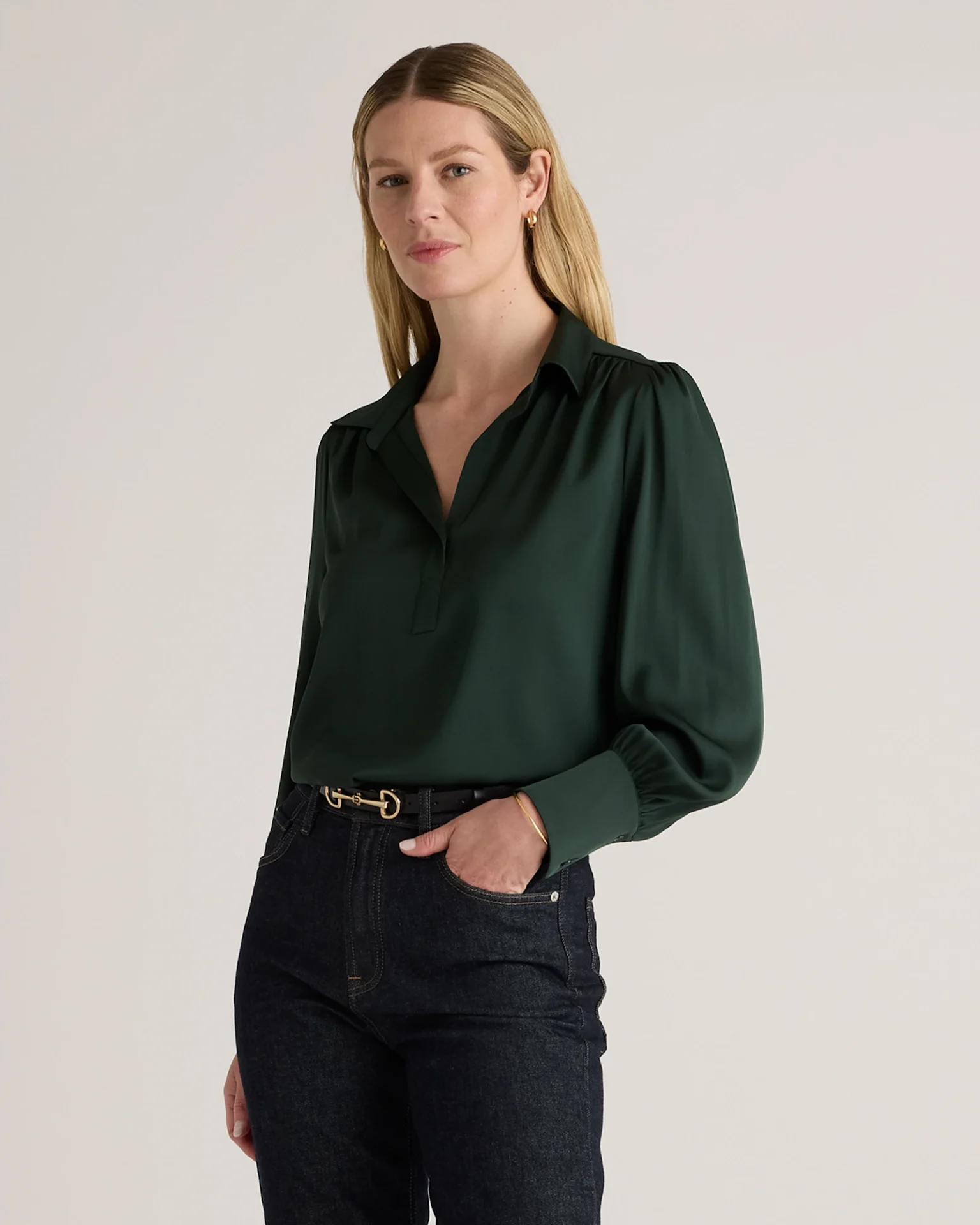 Washable Stretch Silk Split Neck Blouse (Forest Green)
