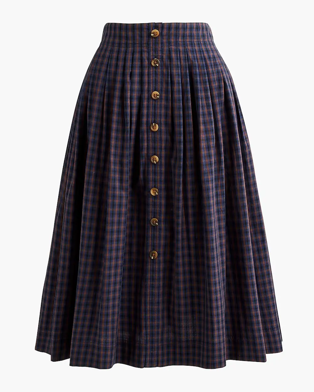 Pleated Button-Front Midi Skirt (Navy Brown Plaid)
