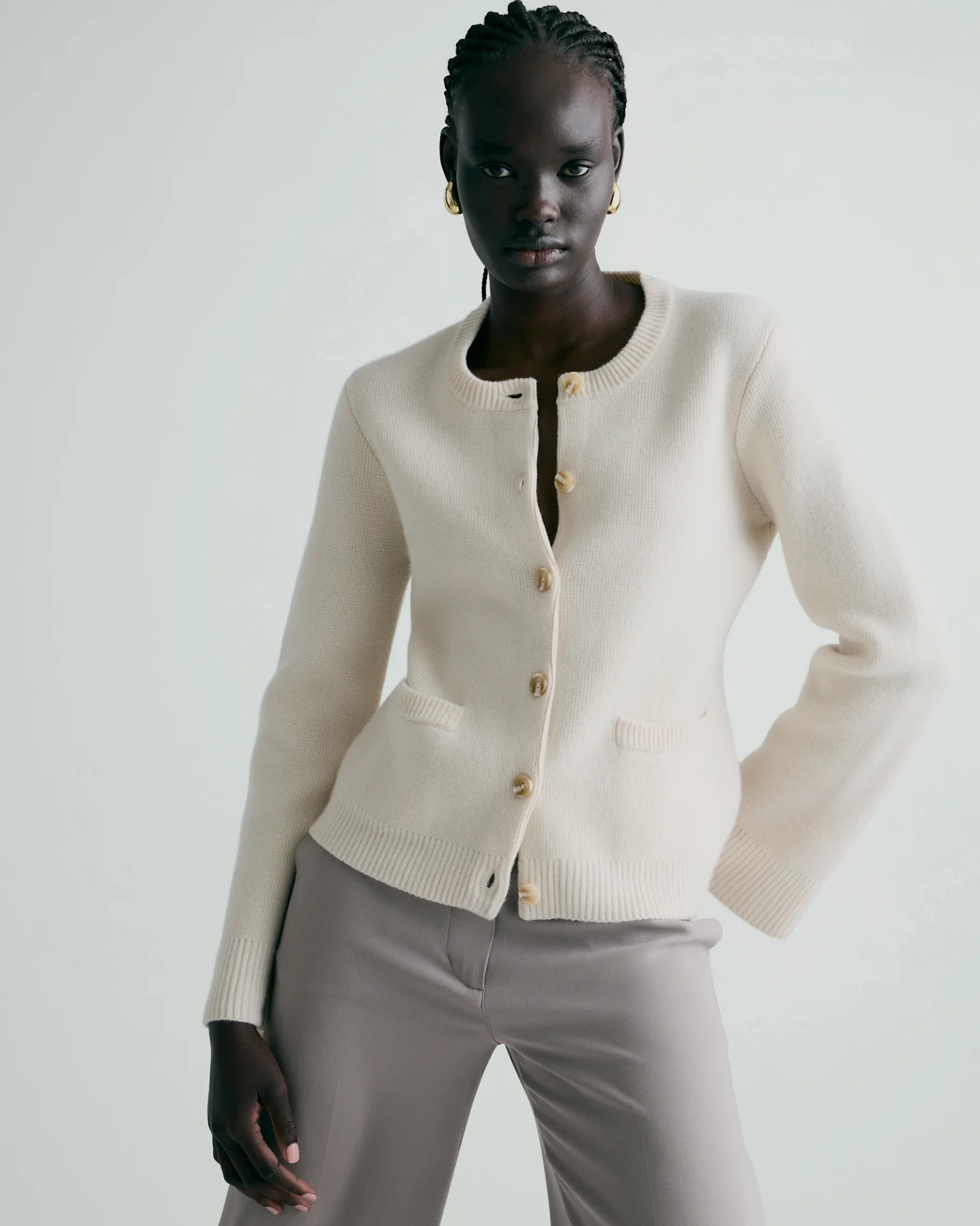 Mongolian Cashmere Structured Cardigan (Ivory)