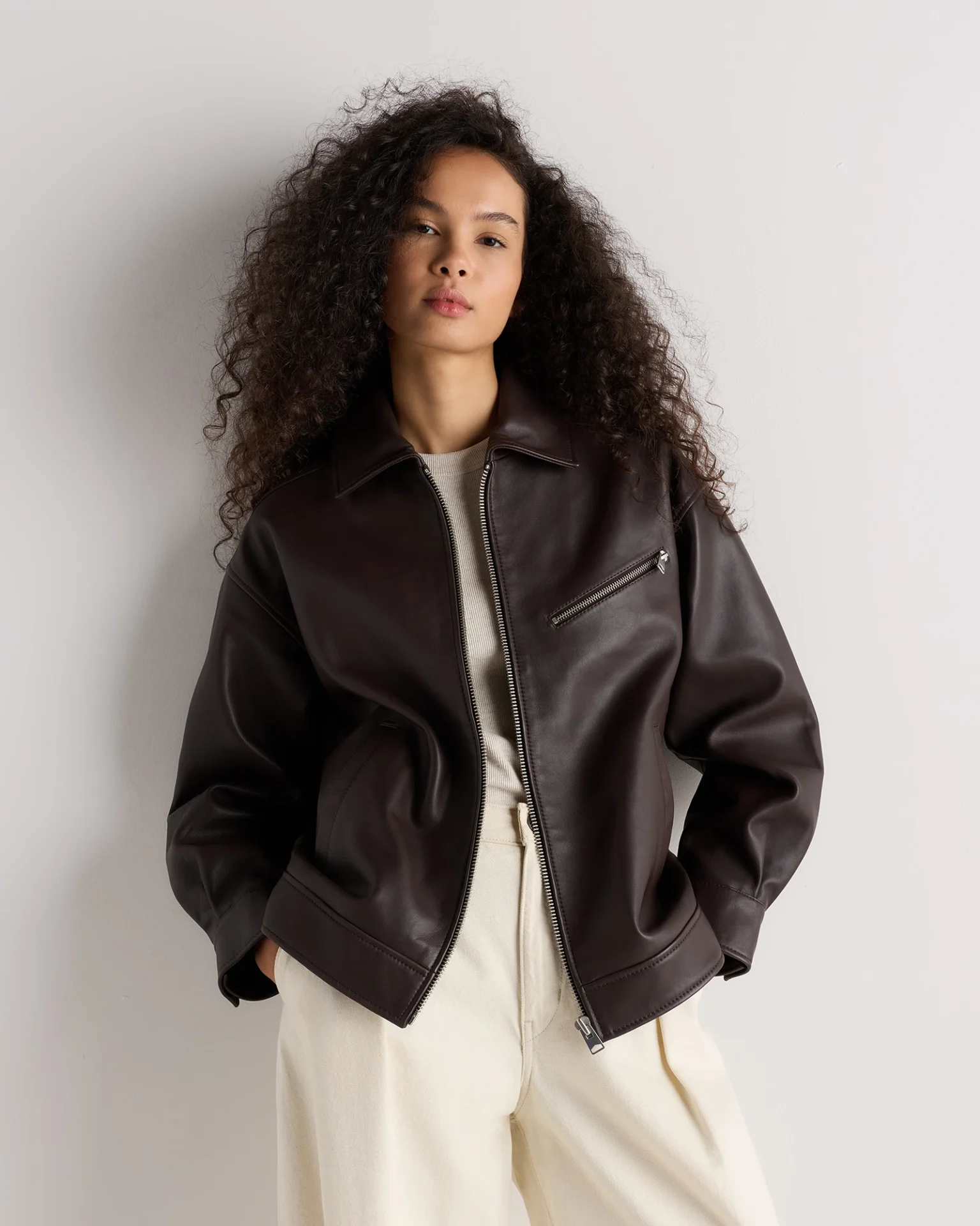 100% Leather Oversized Bomber Jacket (Rich Brown)
