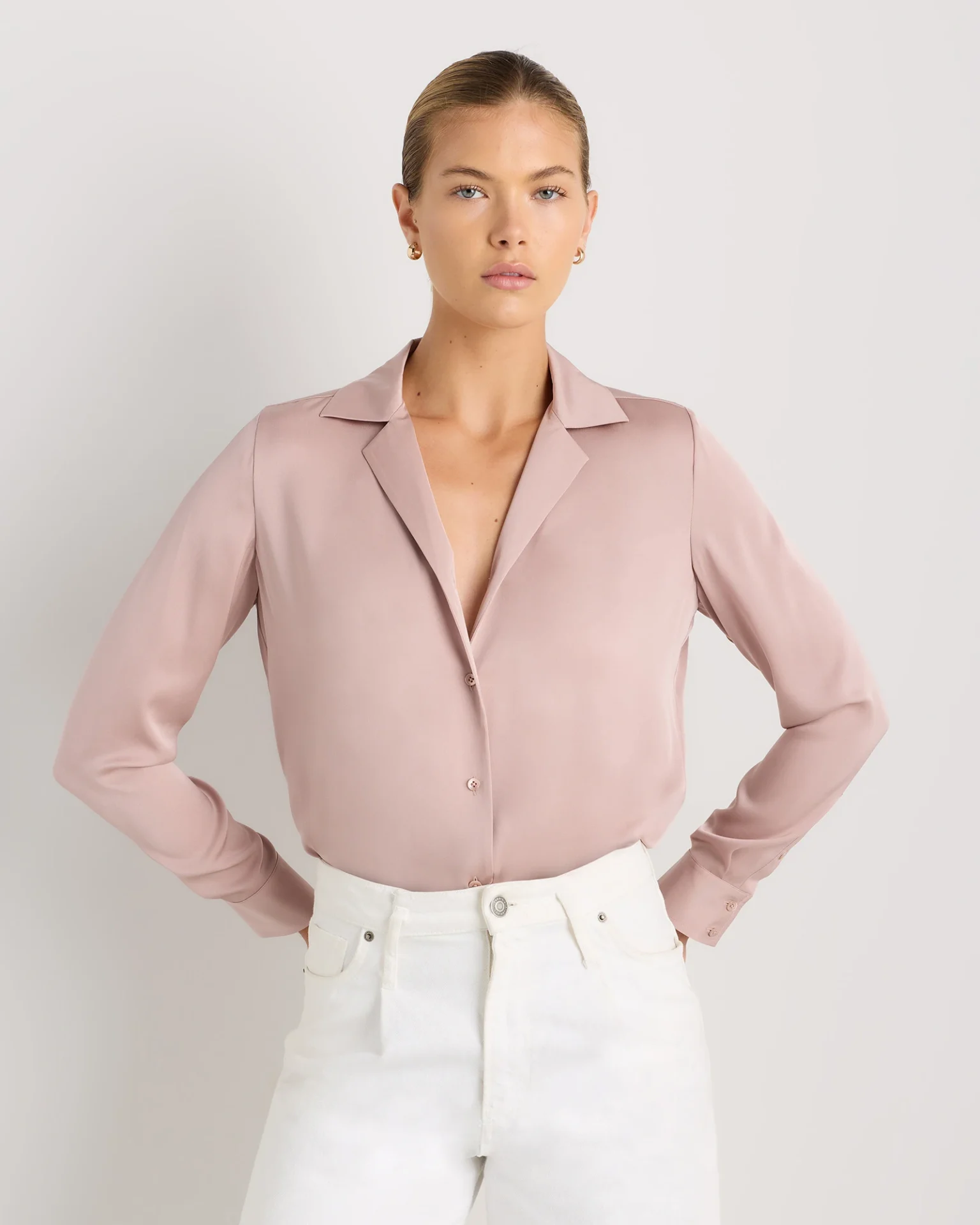 Washable Stretch Silk Notch Collar Blouse (Vintage Pink)