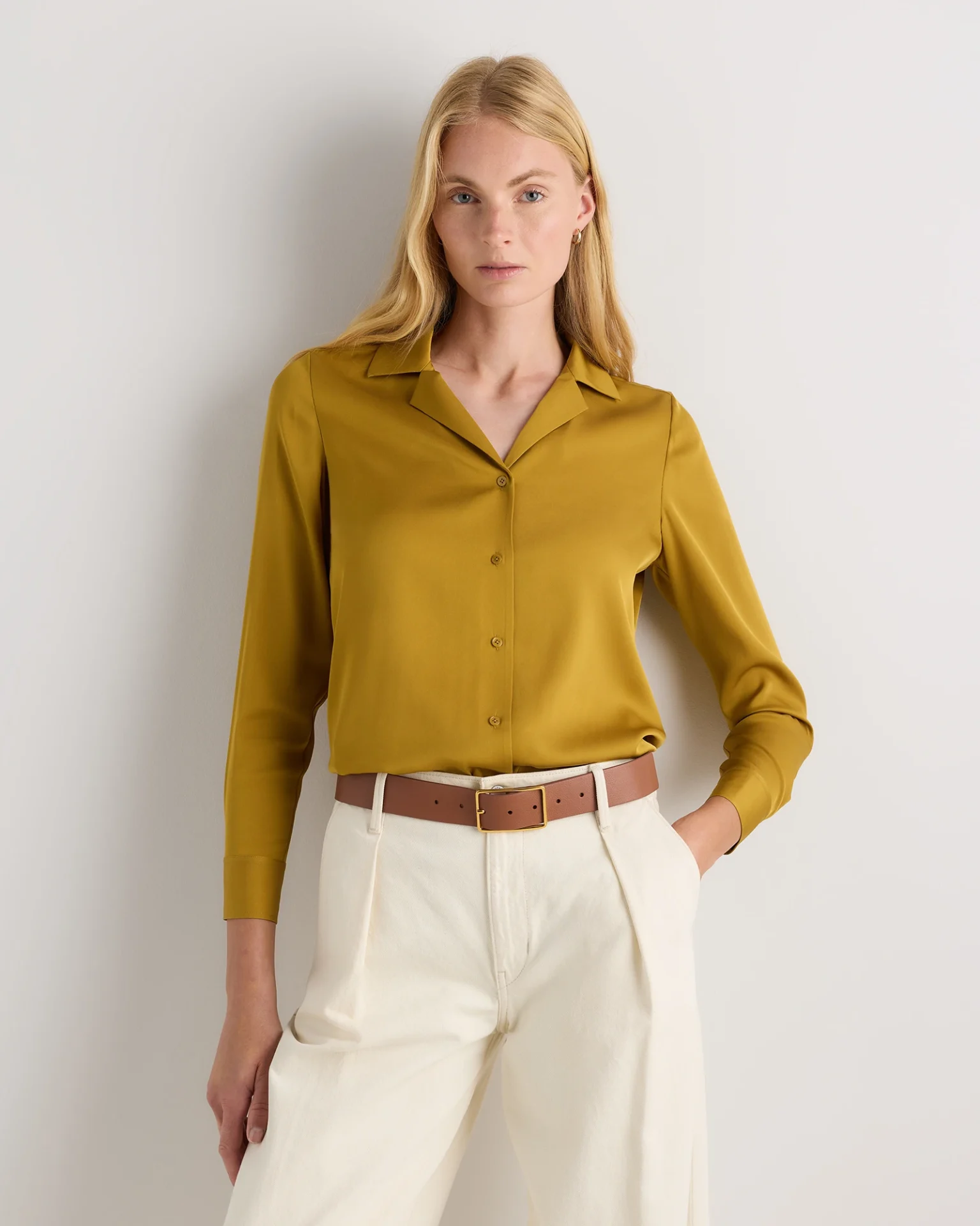 Washable Stretch Silk Notch Collar Blouse (Mineral Yellow)