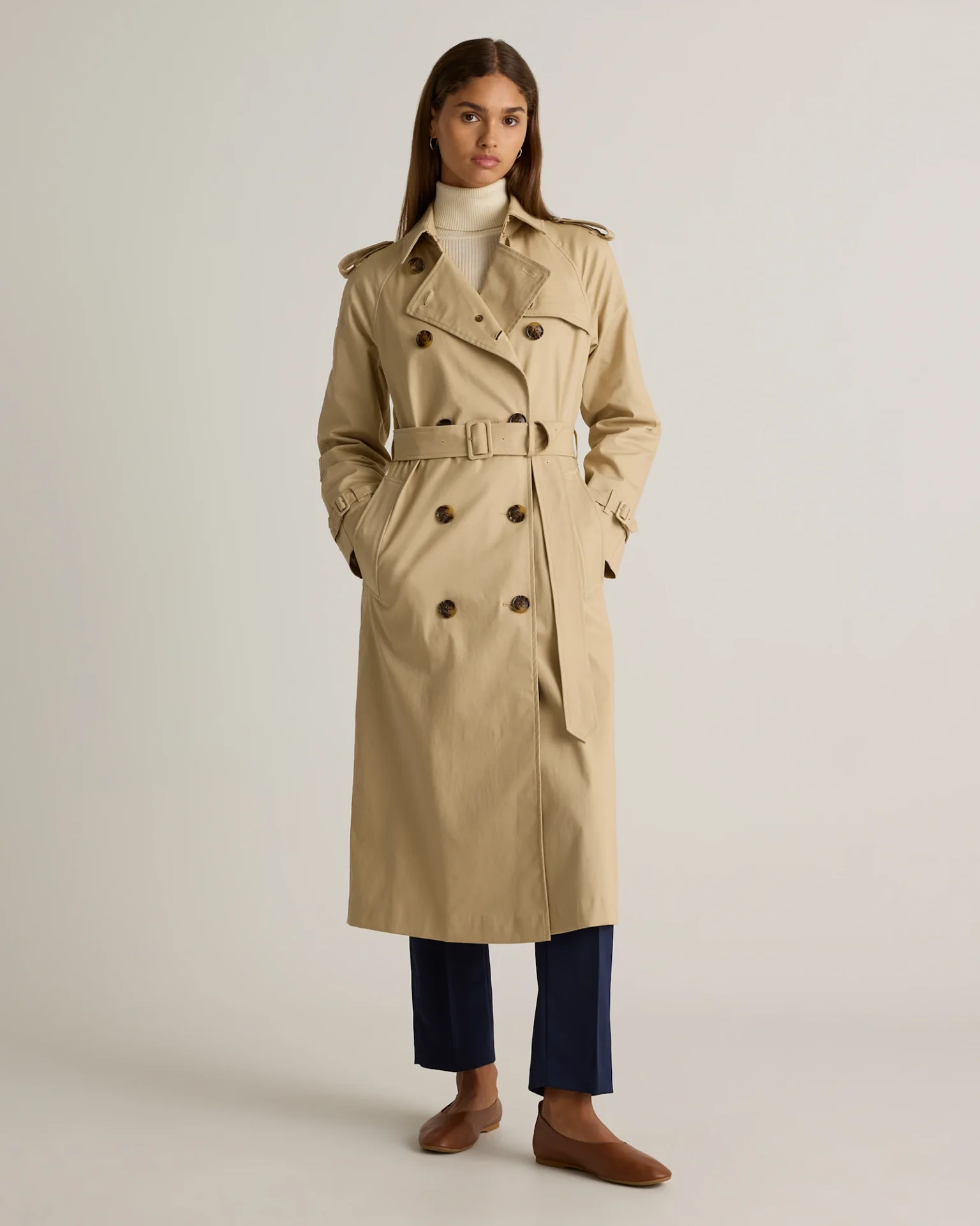 Comfort Stretch Long Trench Coat (Light Khaki)