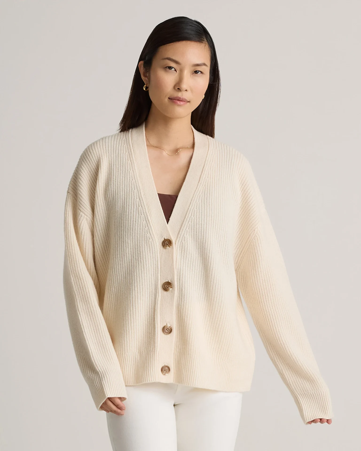 Mongolian Cashmere Fisherman Boxy Cropped Cardigan Sweater (Ivory)