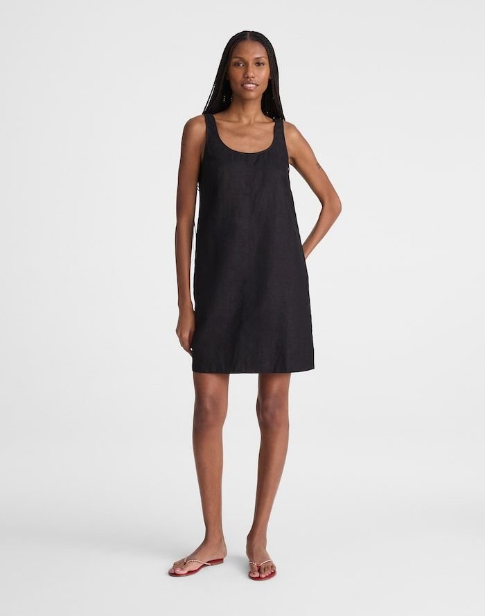 Scoopneck Mini Shift Dress in 100% Linen (Jet Black)