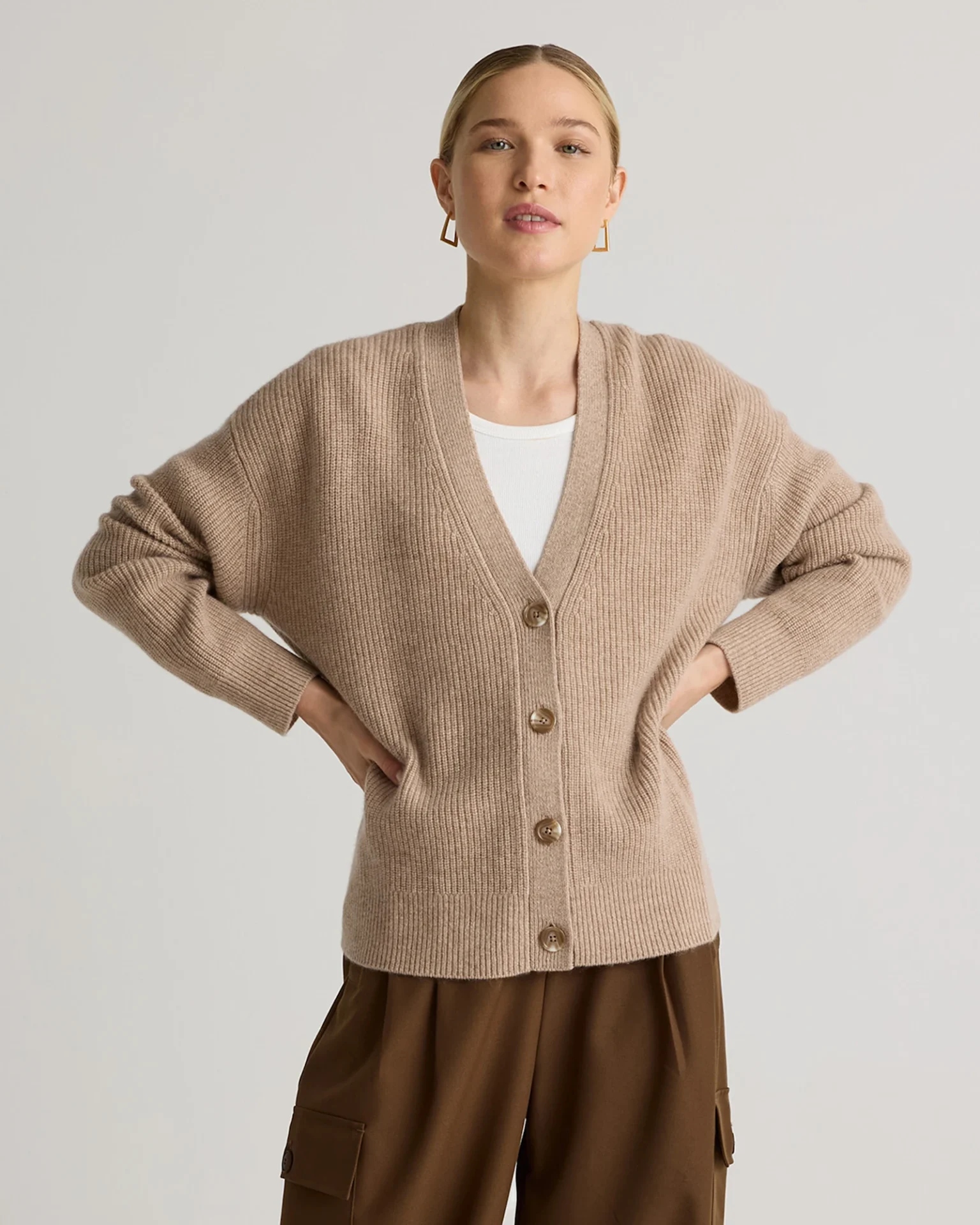 Mongolian Cashmere Fisherman Boxy Cropped Cardigan Sweater (Oatmeal)
