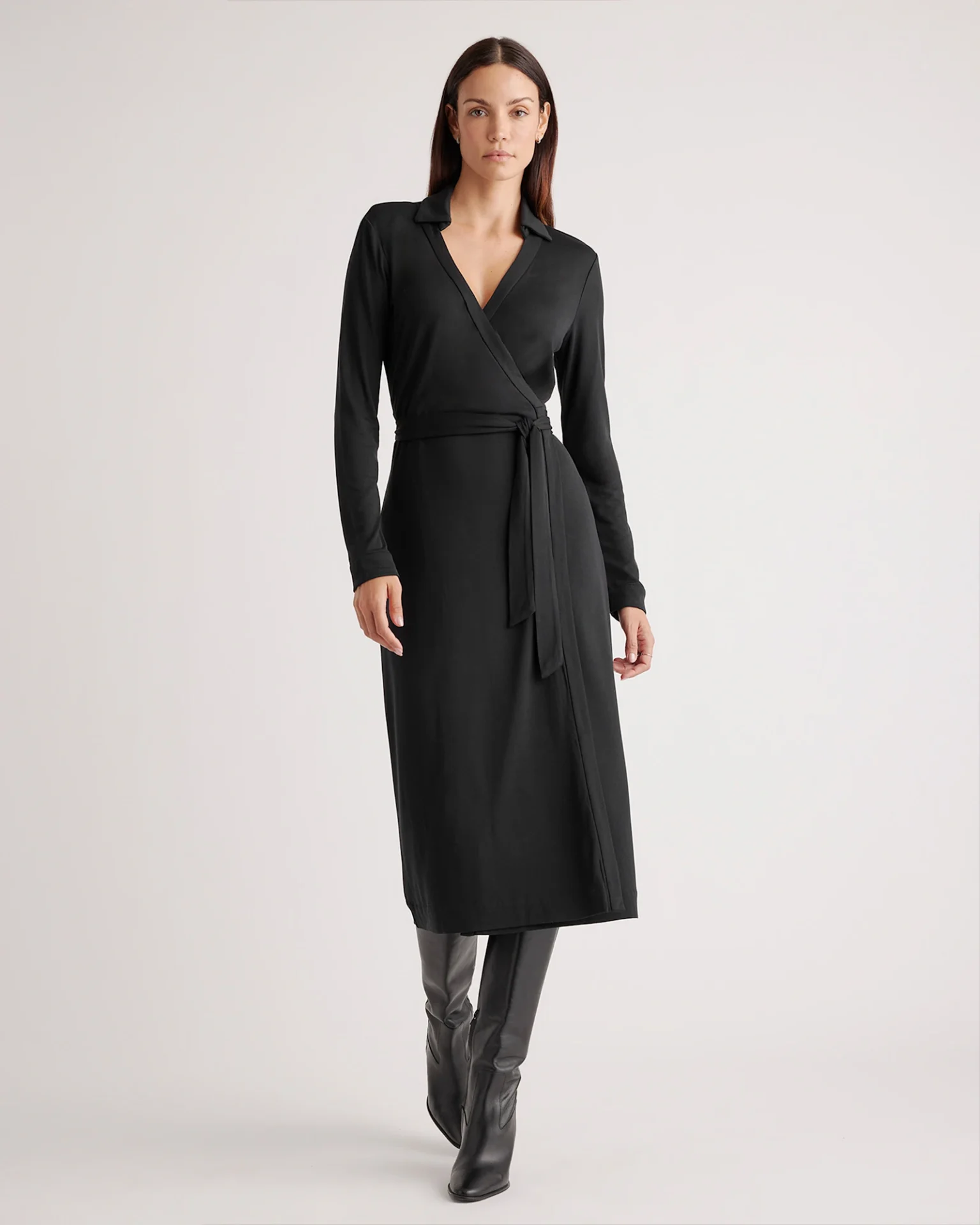 100% Silk Jersey Midi Wrap Dress (Black)