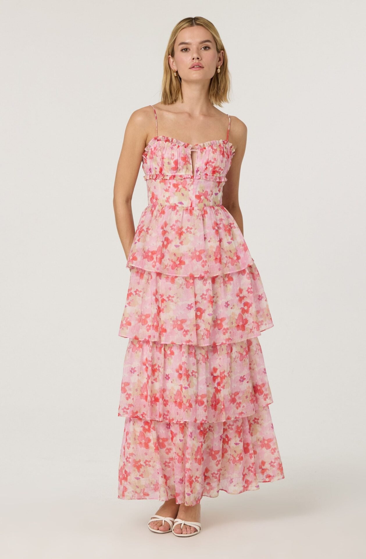 Vonnessa Pleated Tiered Maxi Dress (Pink Coral Multi)