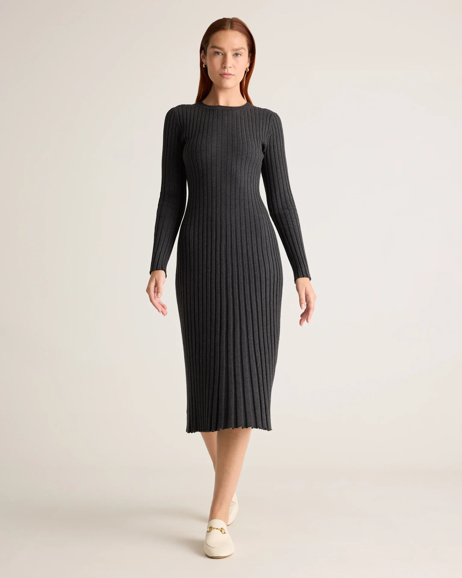 Cotton Cashmere Ribbed Long Sleeve Crew Midi Dress (Heather Charcoal)
