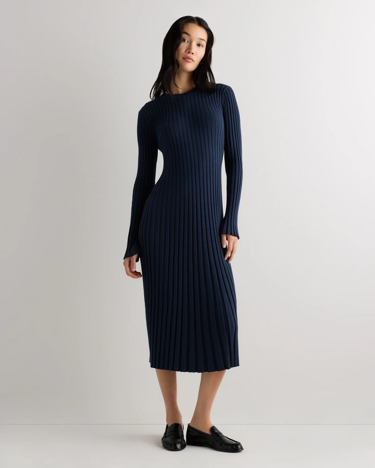 Cotton Cashmere Ribbed Long Sleeve Crew Midi Dress (Atlas Navy)