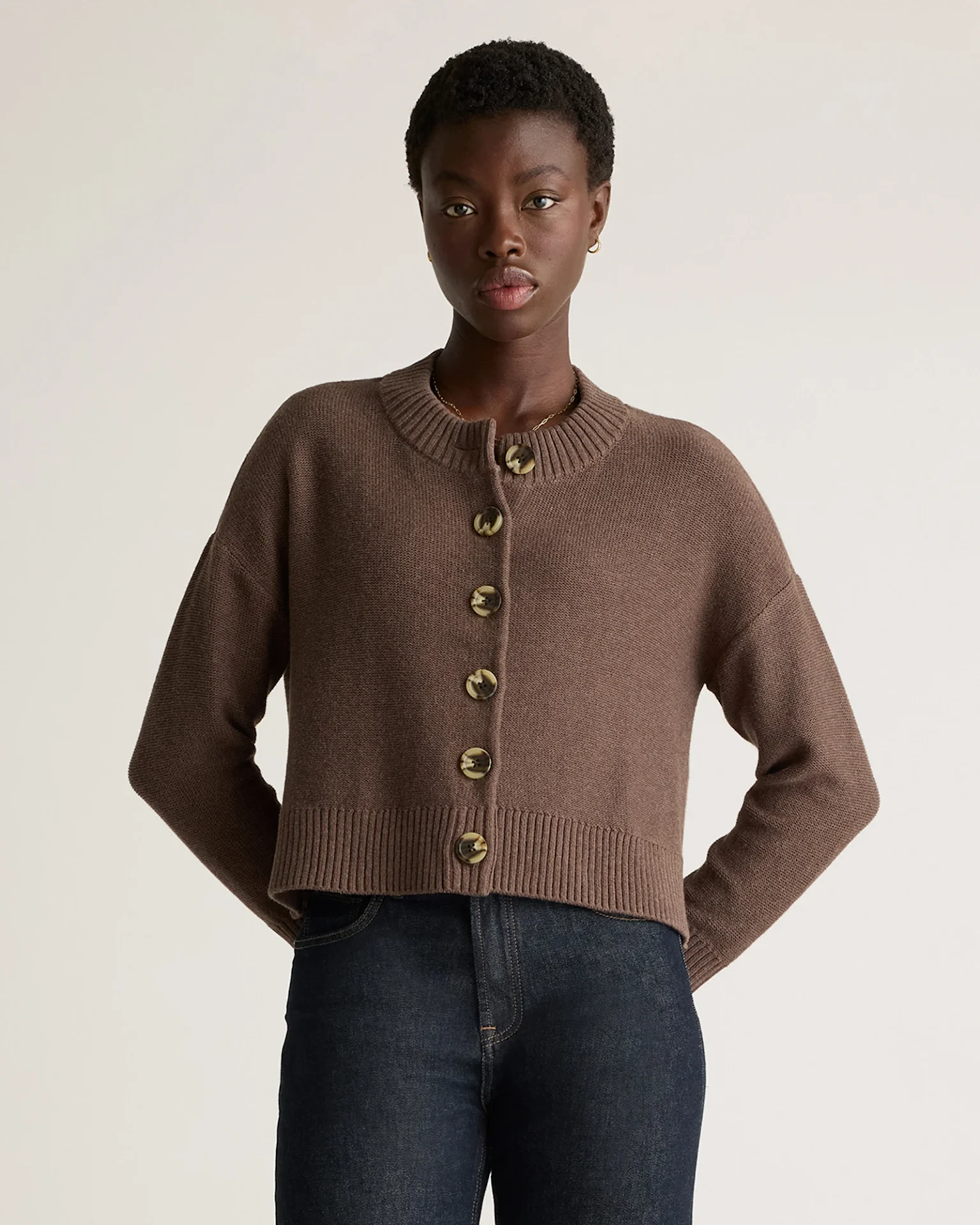 100% Organic Cotton Cropped Cardigan (Heather Brown)