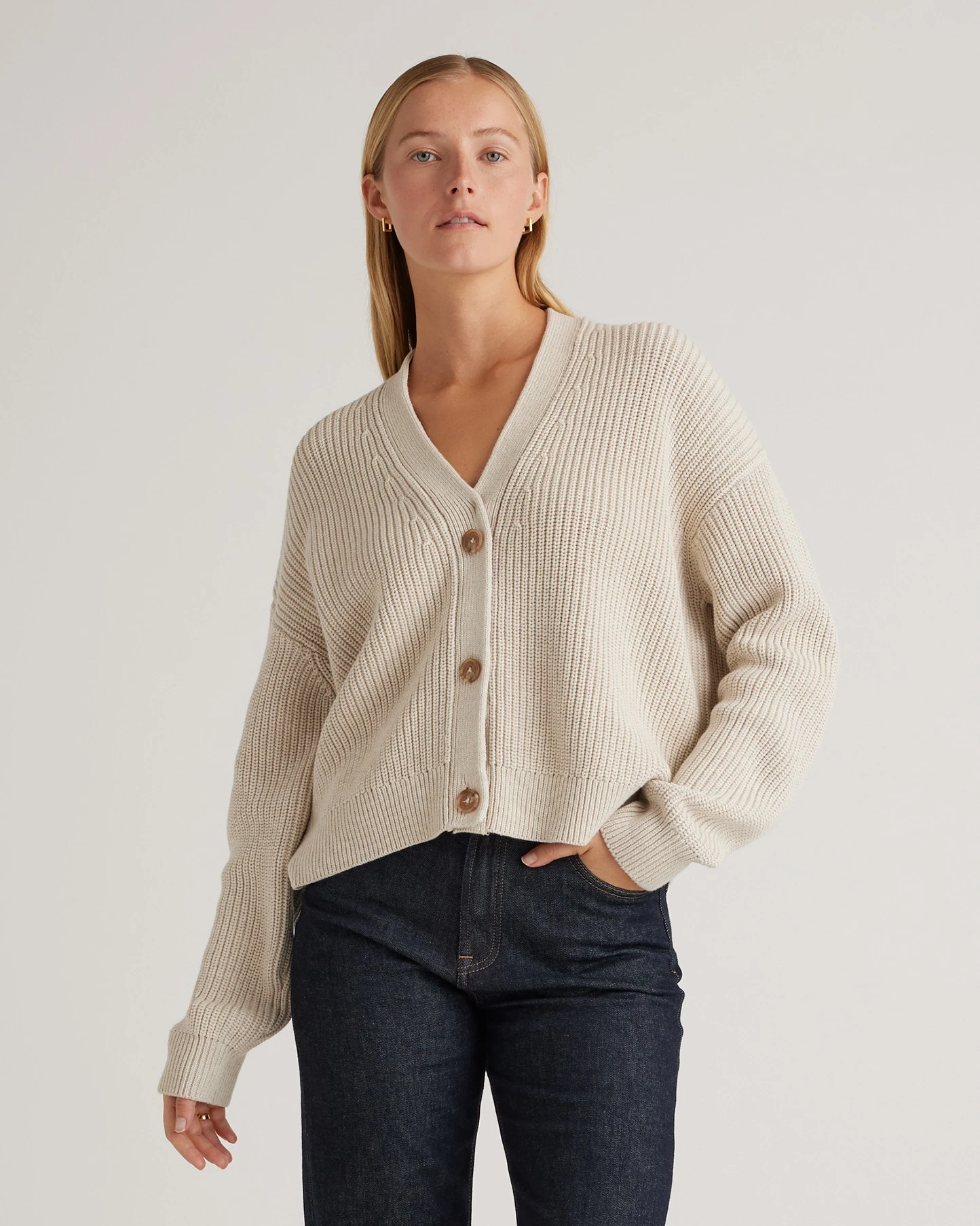 100% Organic Cotton Fisherman Boxy Cropped Cardigan (Speckled Beige)