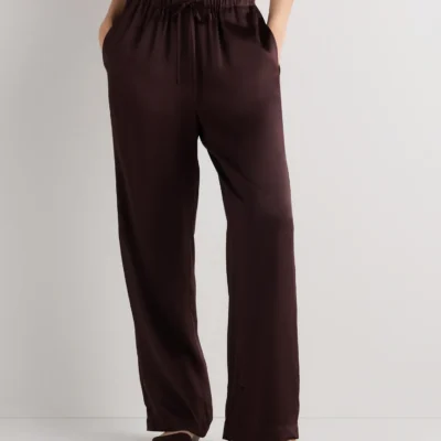 100% Washable Silk Drawstring Wide Leg Pants (Chocolate Plum Brown)