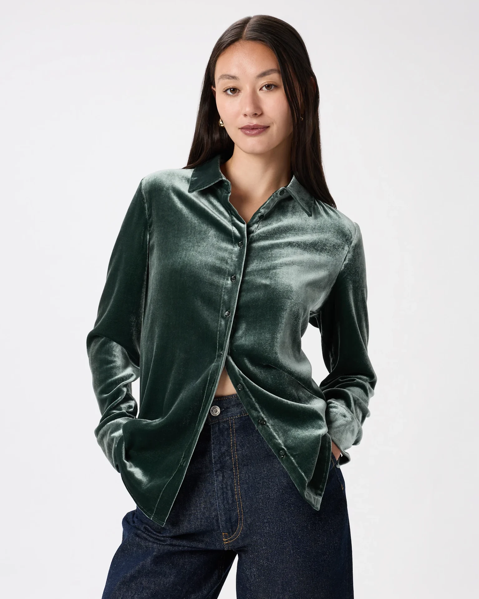 Stretch Silk Velvet Long Sleeve Shirt (Forest Green)