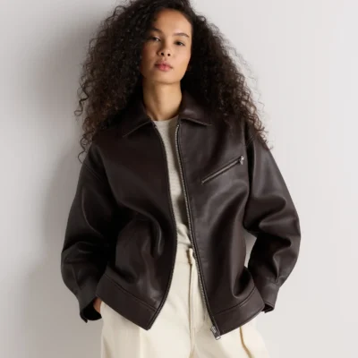 100% Leather Oversized Bomber Jacket (Rich Brown)