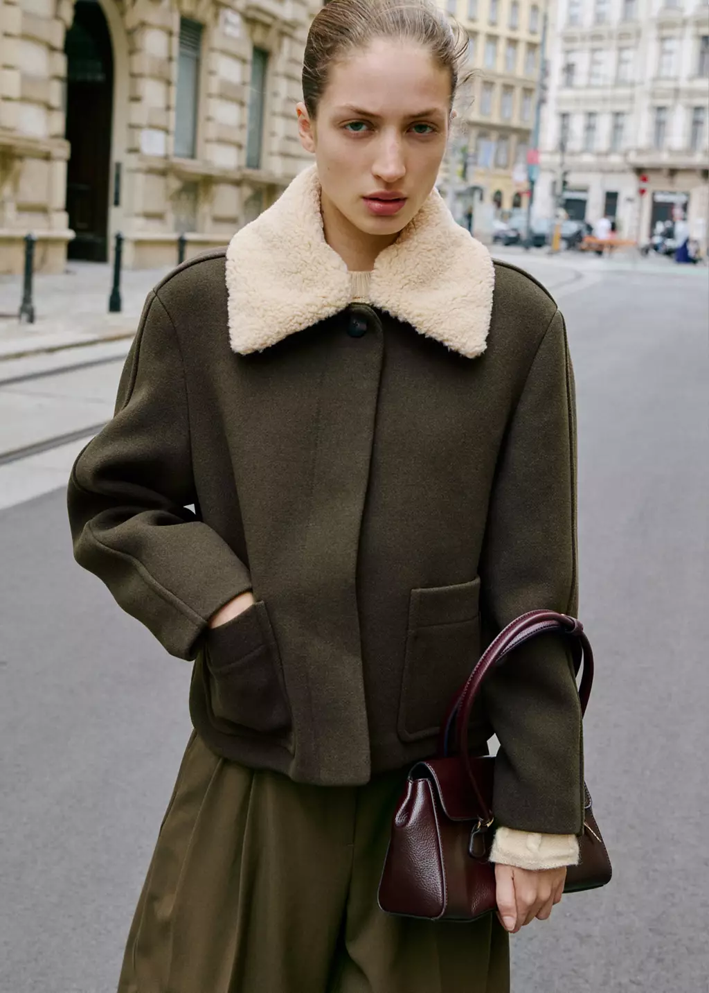 Wool-Blend Jacket with Detachable Shearling Collar (Khaki)
