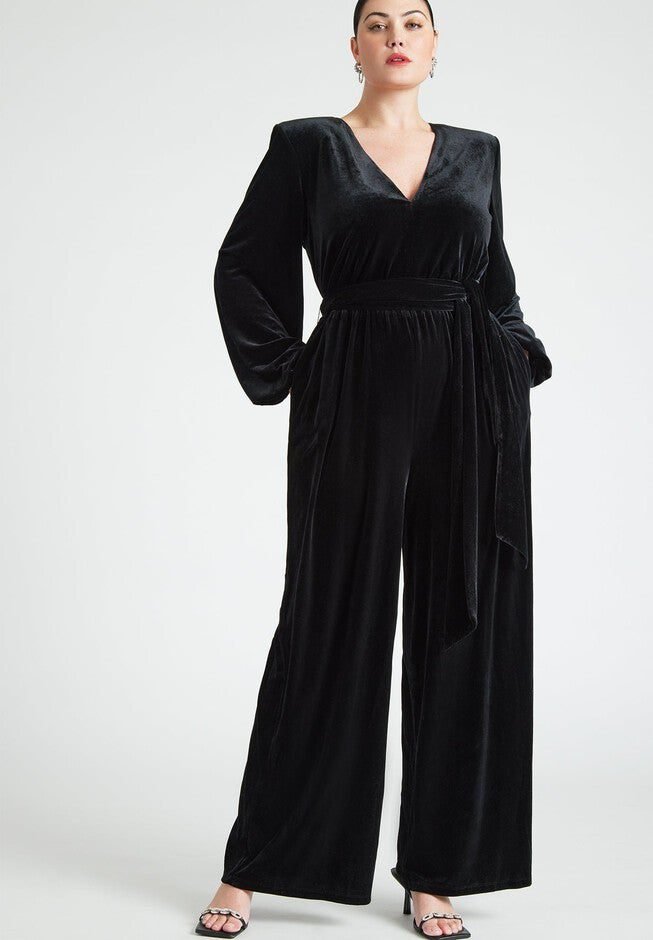 Velvet Wide Leg Jumpsuit (Black Onyx)