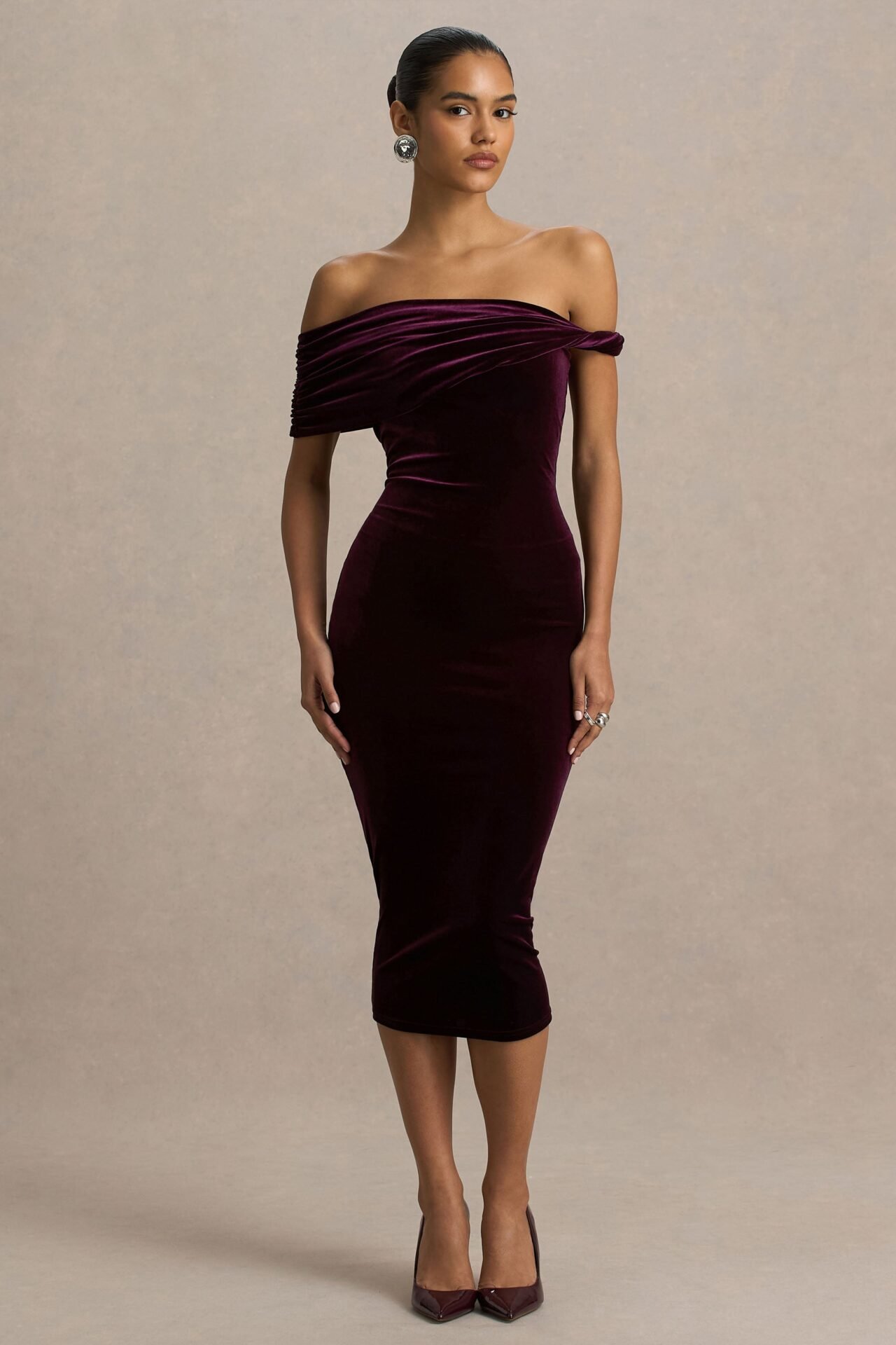 Billie Burgundy Velvet Bardot-Neck Midi Dress With Twist-Sleeve