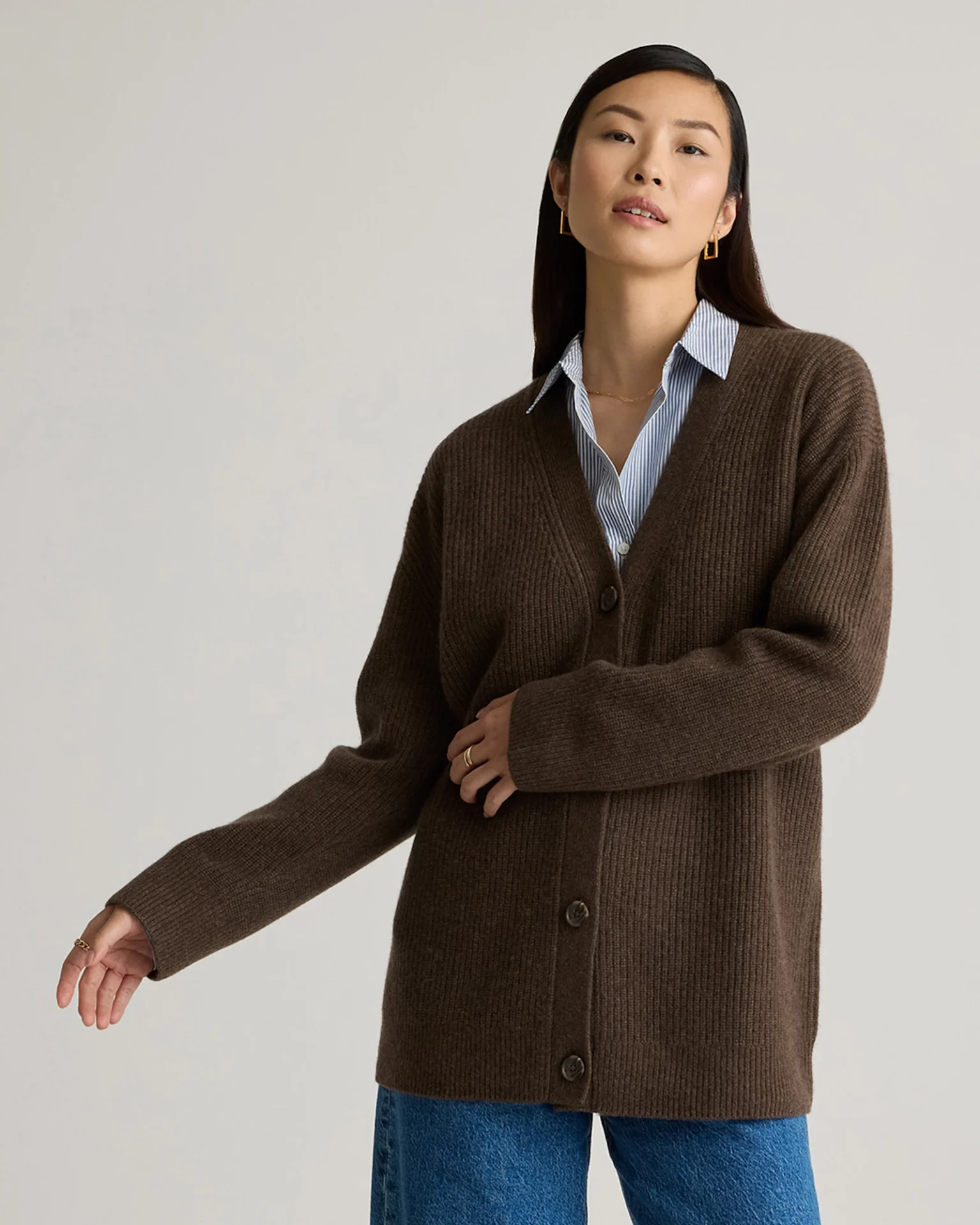 Mongolian Cashmere Oversized Boyfriend Cardigan Sweater (Brown)