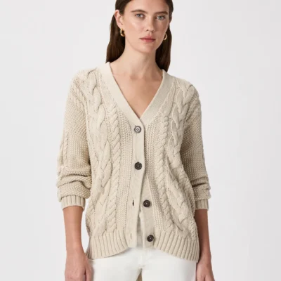 100% Organic Cotton Oversized Cable Cardigan (Speckled Beige)