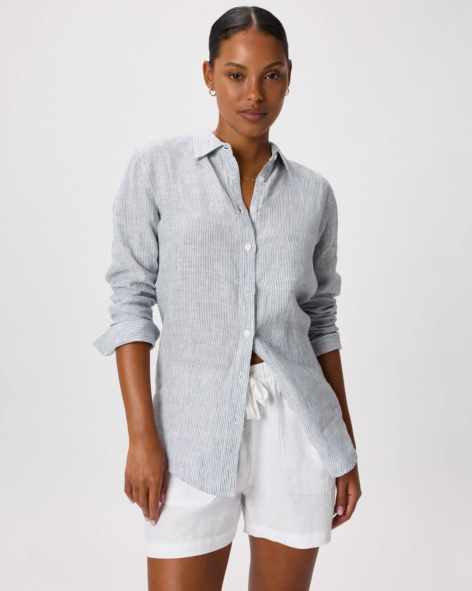 100% European Linen Long Sleeve Shirt (Blue Pinstripe)