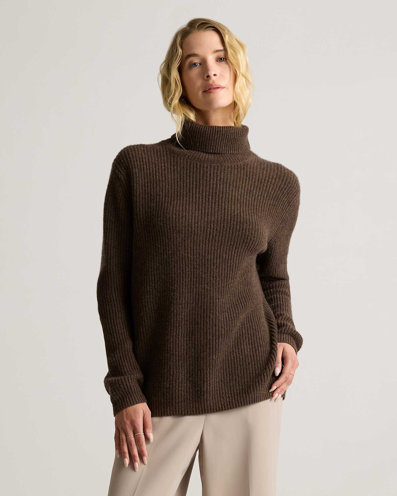 Mongolian Cashmere Fisherman Turtleneck Sweater (Brown)