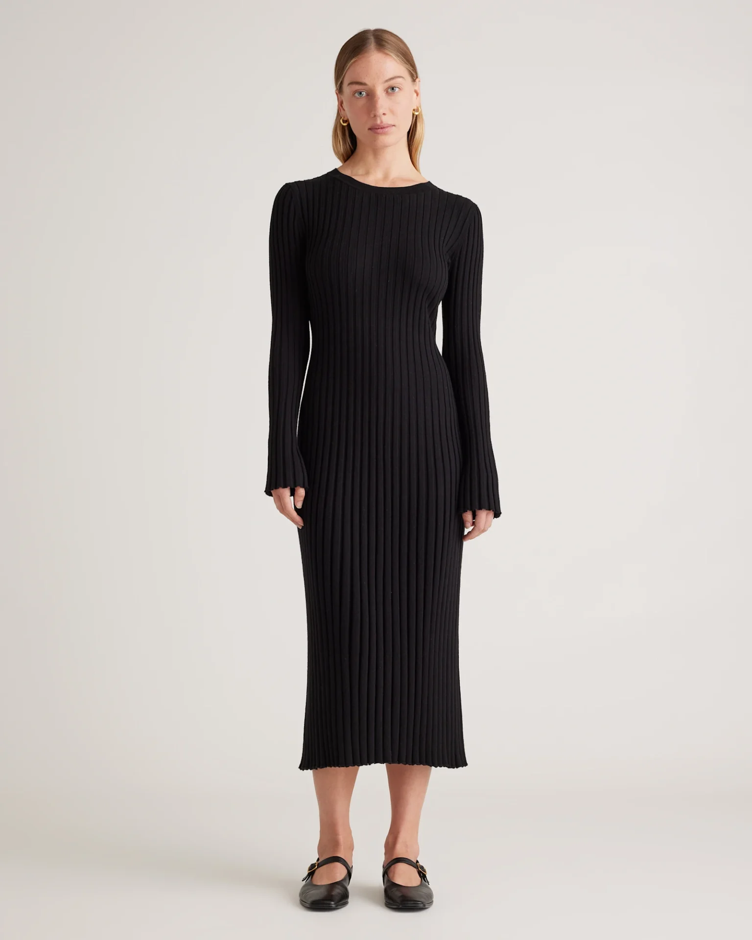 Cotton Cashmere Ribbed Long Sleeve Crew Midi Dress (Black)