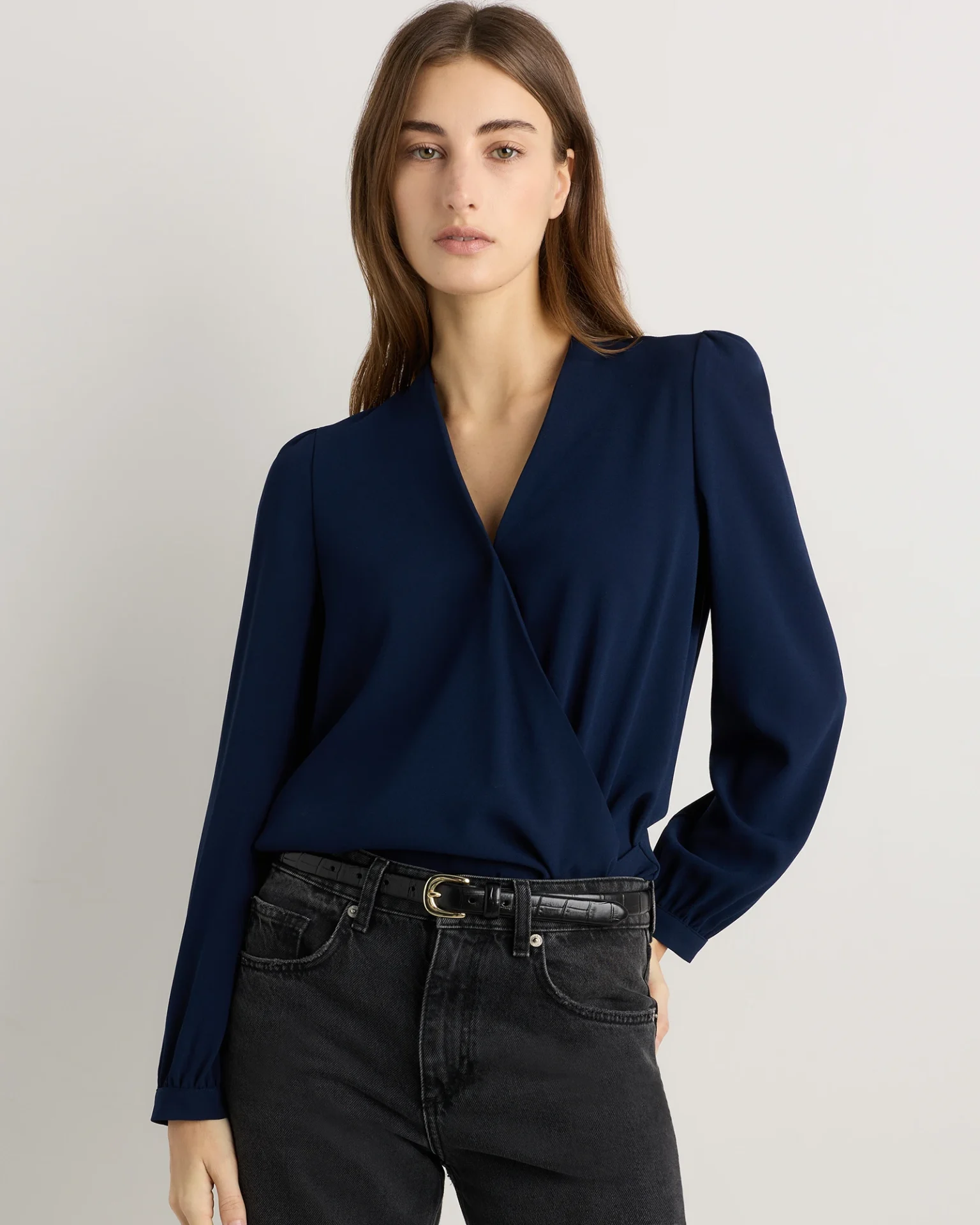 Fluid Crepe Surplice Long Sleeve Blouse (Textured Navy)